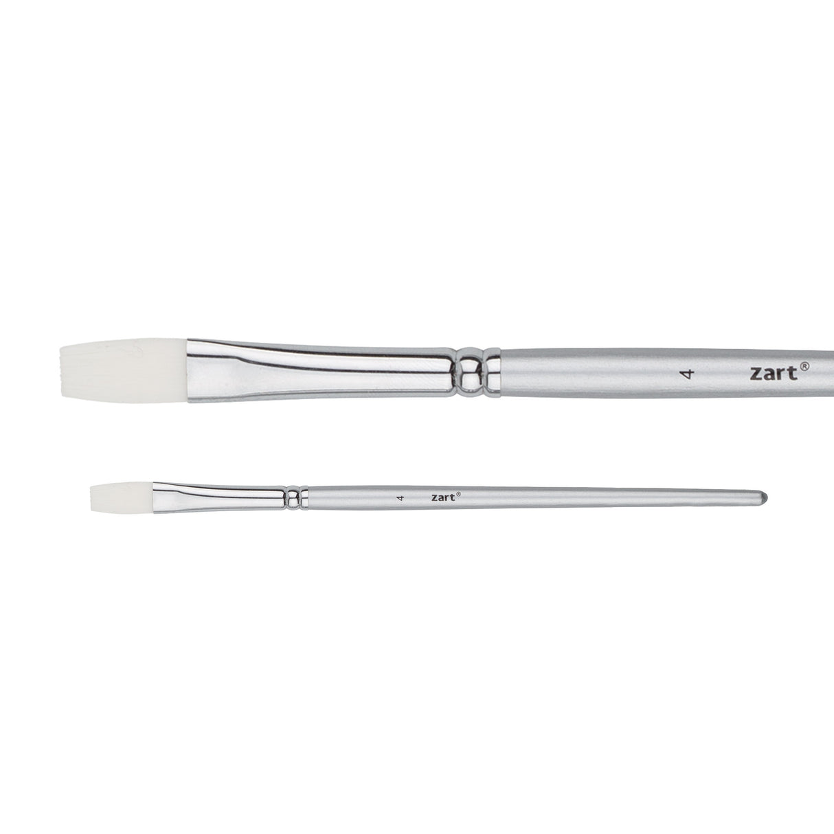 A Zart Dynamic Taklon Flat Brush Size #4 shown from two angles — close-up and full length. Features a white flat taklon bristle head, chrome ferrule, and silver tapered handle labelled "4" and "zart".
