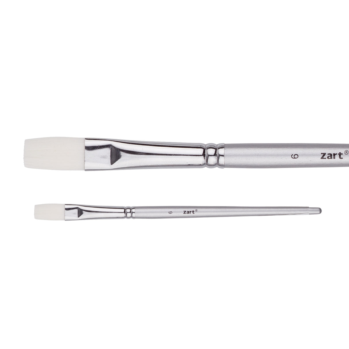 A Zart Dynamic Taklon Flat Brush Size #6 shown from two angles — close-up and full length. Features a white flat taklon bristle head, chrome ferrule, and silver tapered handle labelled "6" and "zart".