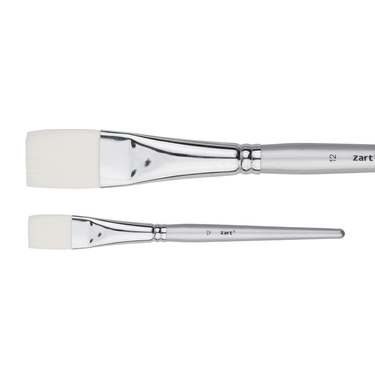 A Zart Dynamic Taklon Flat Brush Size #12 shown from two angles — close-up and full length. Features a broad white flat taklon bristle head, chrome ferrule, and silver tapered handle labelled "12" and "zart".