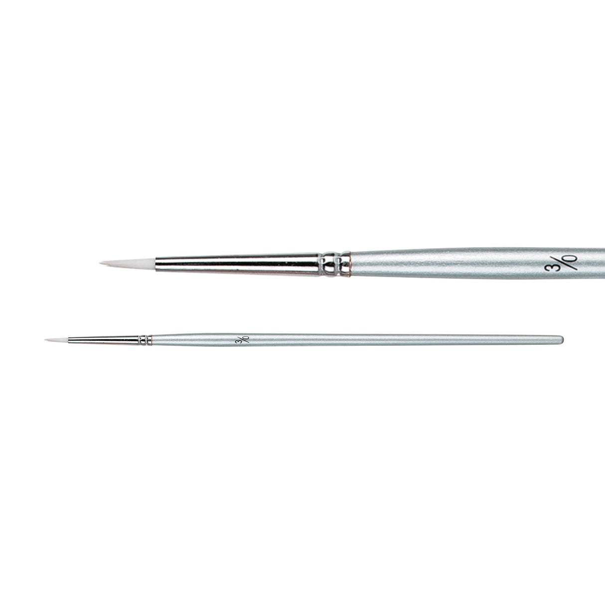 A Zart Dynamic Taklon Round Brush Size 3/0 shown from two angles against a white background — a close-up of the fine pointed white bristles and chrome ferrule, and a full-length view of the slim silver handle marked "3/0."