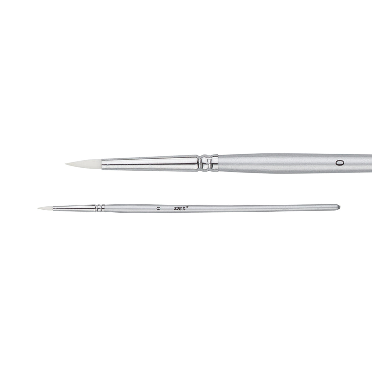 A Zart Dynamic Taklon Round Brush Size 0 shown from two angles against a white background — a close-up of the fine pointed white bristles and chrome ferrule, and a full-length view of the slim silver handle marked "0" with the Zart logo.