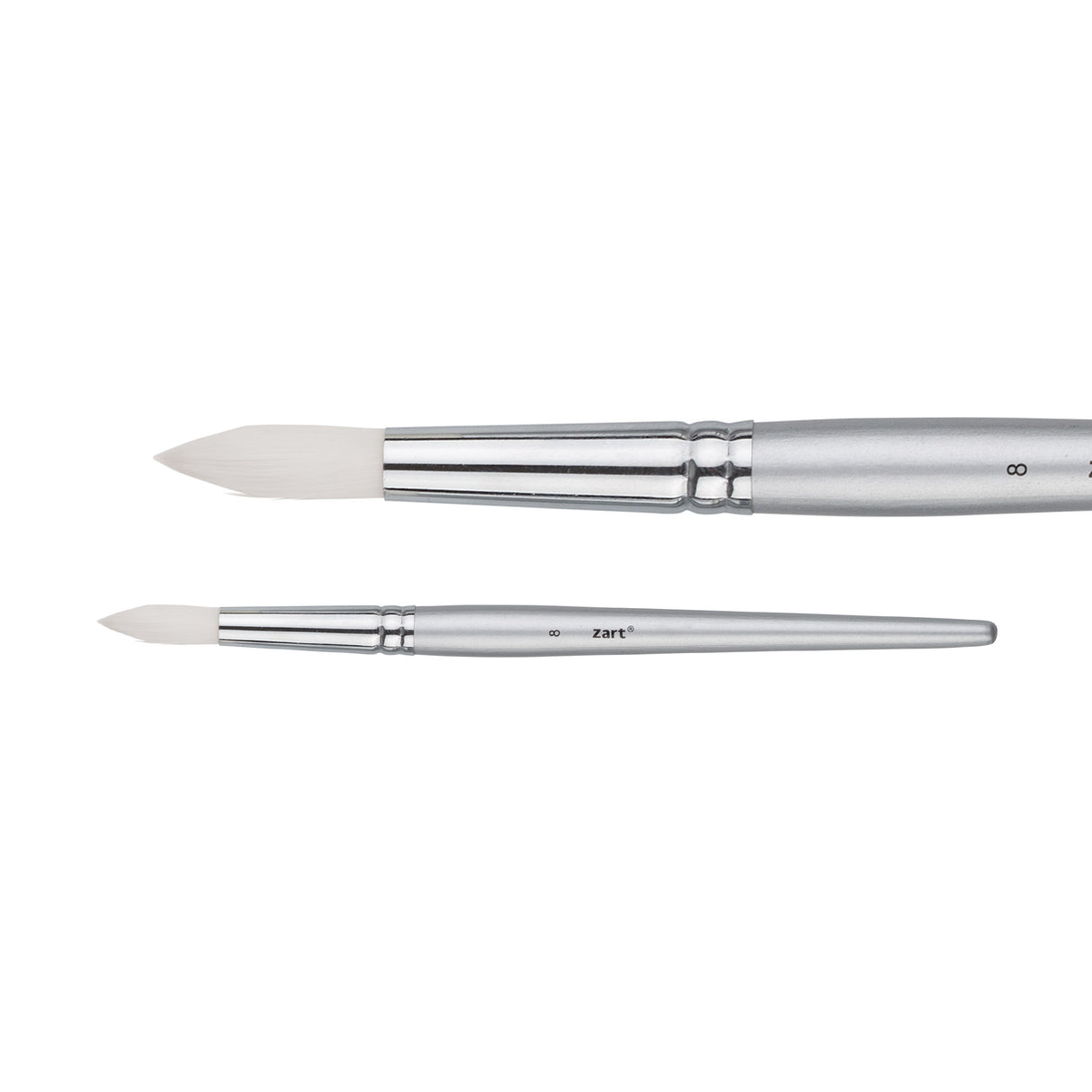 A Zart Dynamic Taklon Round Brush Size 8 shown from two angles against a white background — a close-up of the fuller pointed white bristles and chrome ferrule, and a full-length view of the slim silver handle marked "8" with the Zart logo.