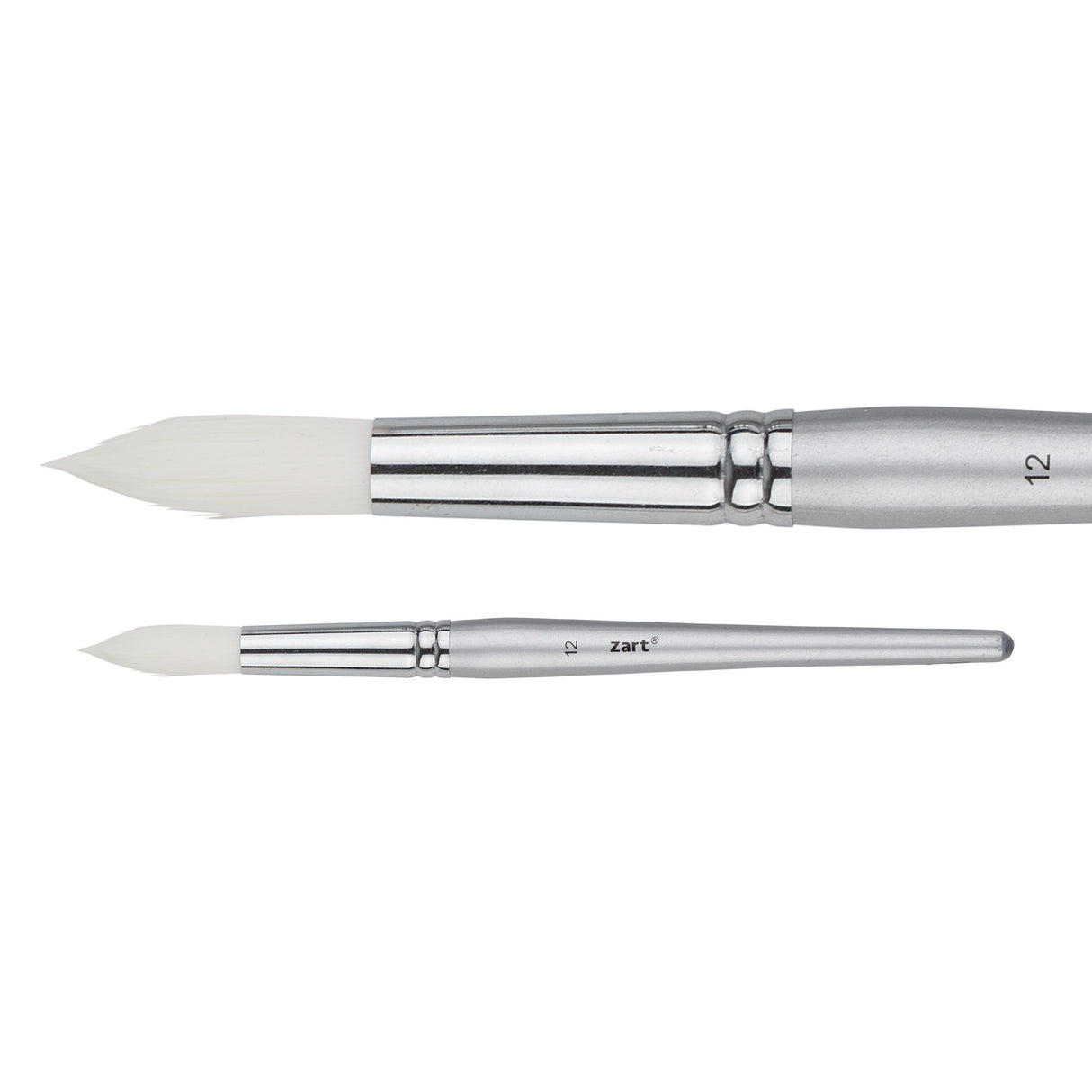 A Zart Dynamic Taklon Round Brush Size 12 shown from two angles against a white background — a close-up of the broad pointed white bristles and chrome ferrule, and a full-length view of the slim silver handle marked "12" with the Zart logo.