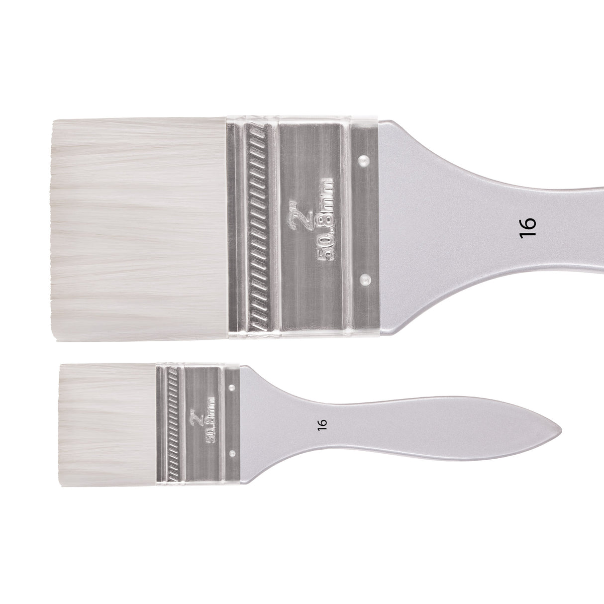 A Zart Dynamic Taklon Flat Brush Size #16 shown from two angles — close-up and full length. Features an extra-wide white flat taklon bristle head, clear and chrome ferrule stamped "2" and "50.8mm", and a wide silver paddle-shaped handle labelled "16".