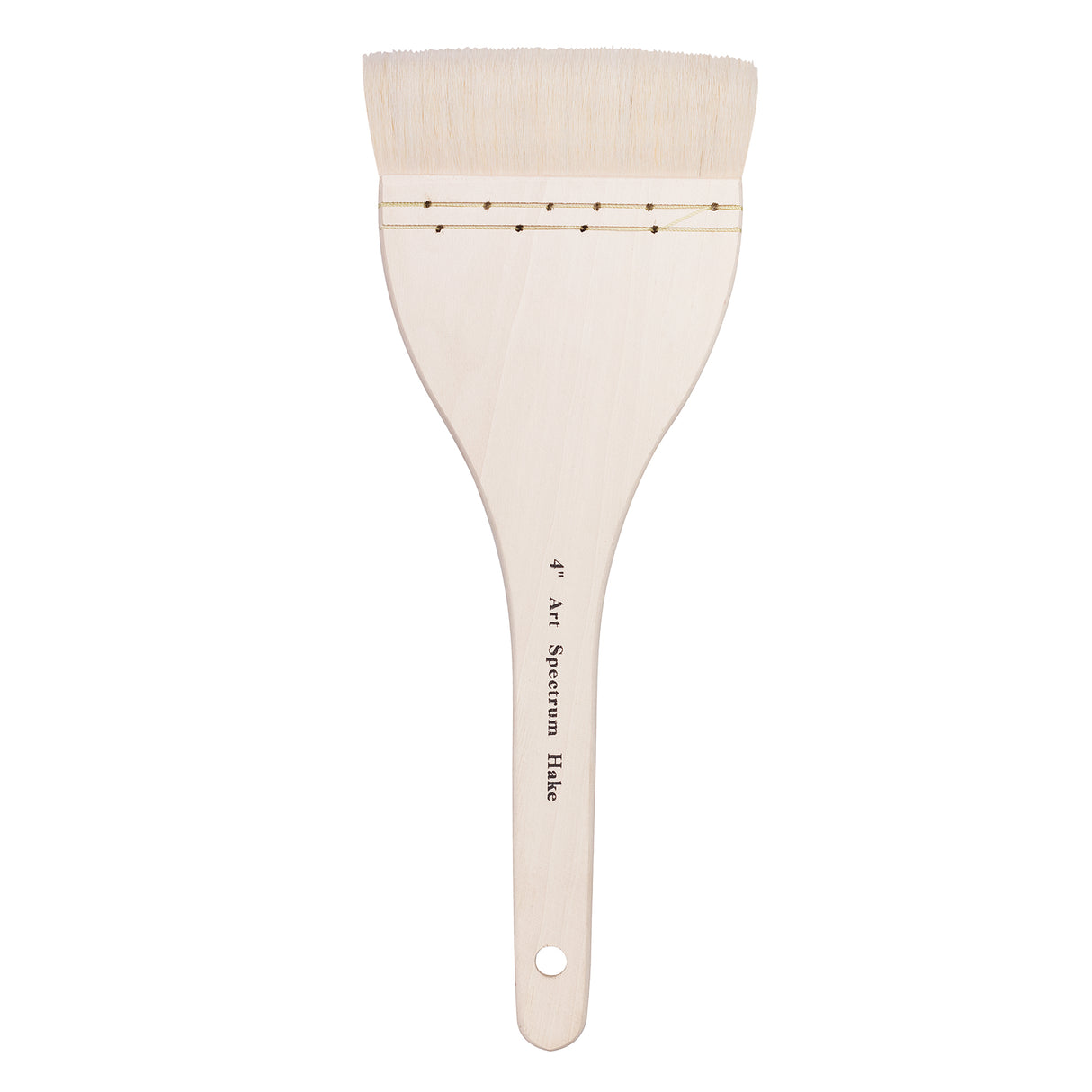 Front view of a wide hake brush with pale wooden handle and soft white bristles. Black printed annotation on the handle reads “4" Art Spectrum Hake”. A small hole at the handle end indicates hanging storage.