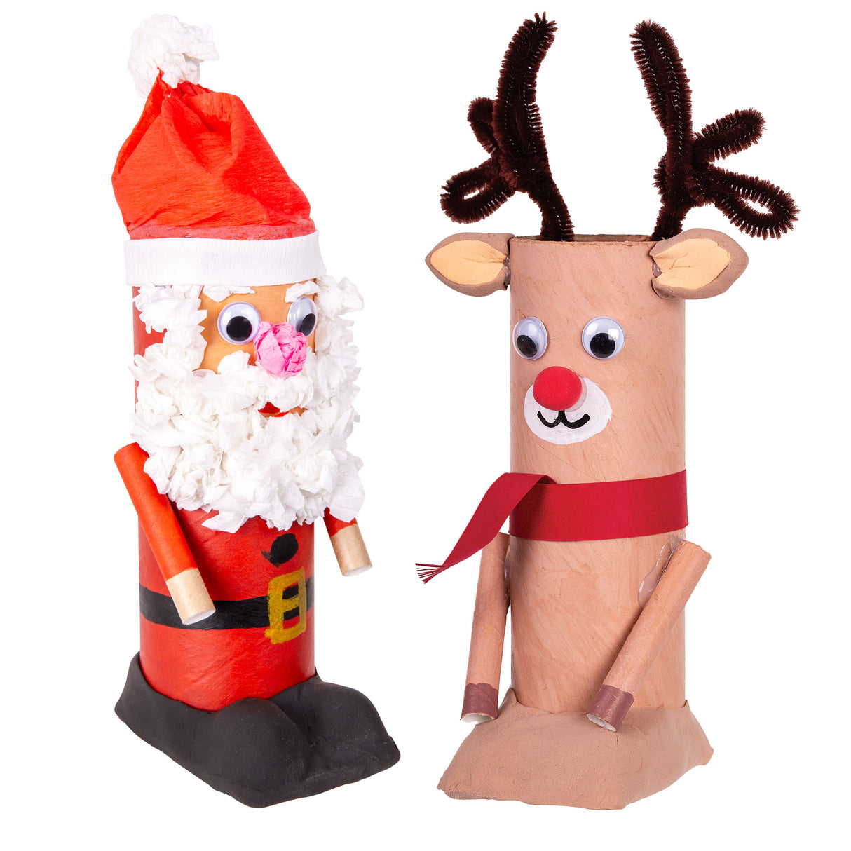 Two decorated Zart Papier-mache Tube figures painted red and beige, forming a Santa and a reindeer character. The Santa has a crepe paper hat, tissue paper beard, googly eyes, and cardboard tube arms, while the reindeer has pipe cleaner antlers, foam ears and nose, a red ribbon scarf, and clay bases.