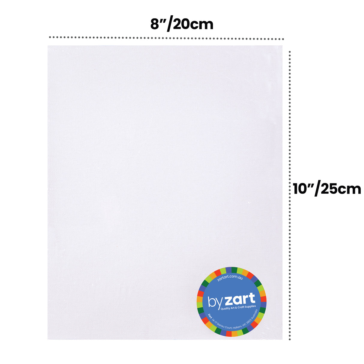 Canvas board displayed with measurement guides indicating 8"/20cm across the top and 10"/25cm along the side. The board is shown flat on a light background with a circular logo reading by Zart"