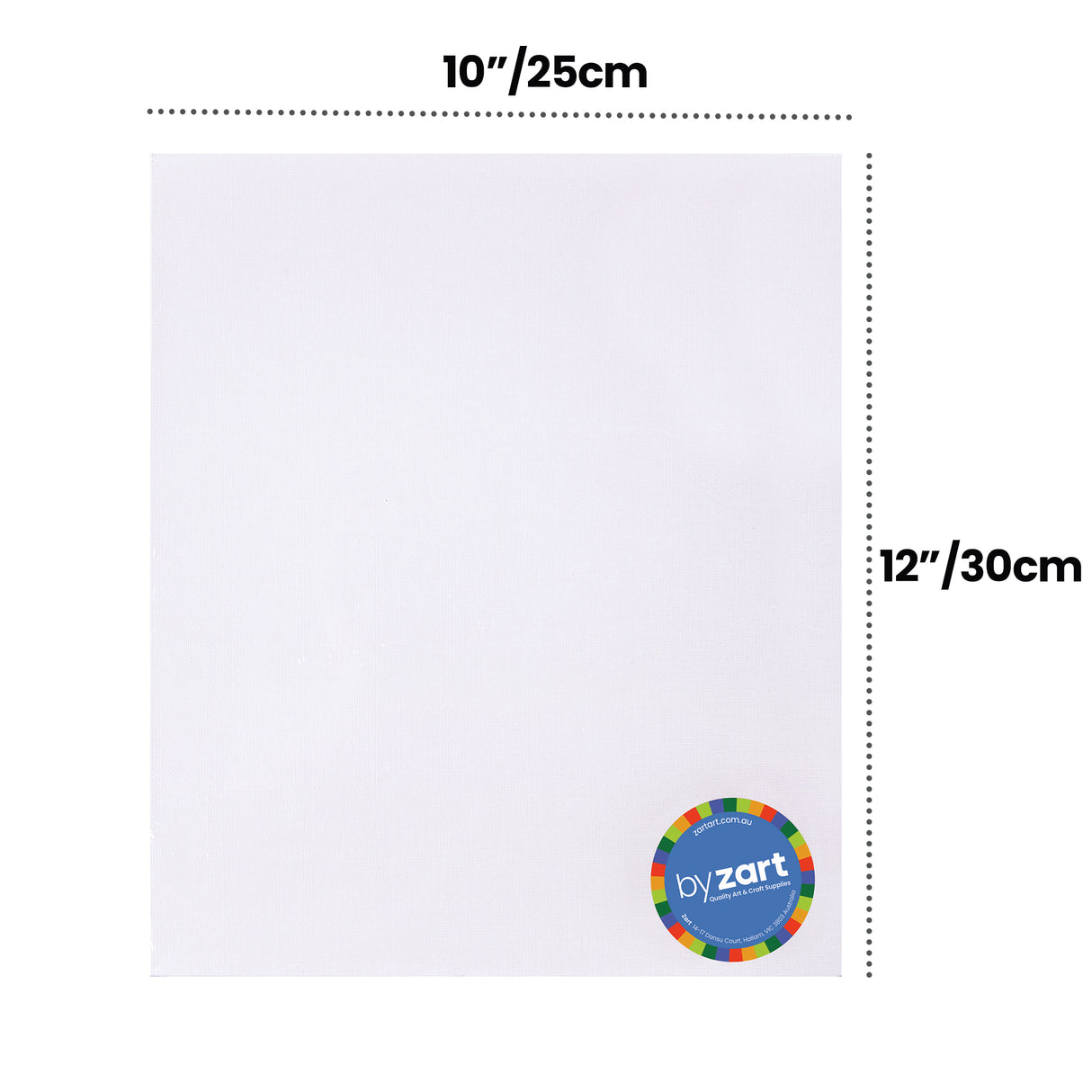 Canvas board displayed with measurement guides showing 10"/25cm across the top and 12"/30cm along the side. A colourful circular logo reads by Zart"