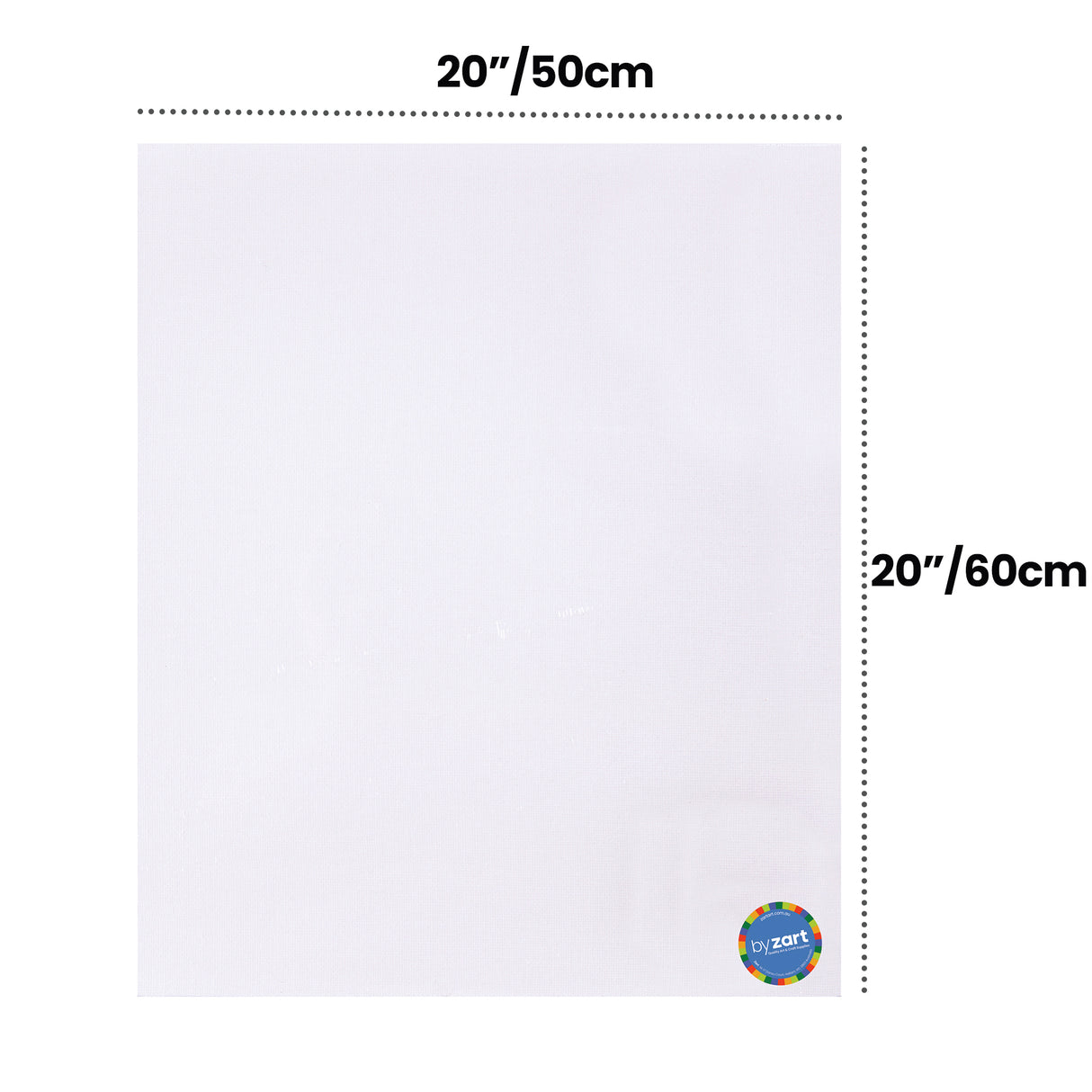 White canvas board shown with measurement guides indicating 20"/50cm across the top and 24"/60cm along the side. The primed canvas surface shows subtle woven texture across the board. A small circular sticker in the corner reads by Zart.