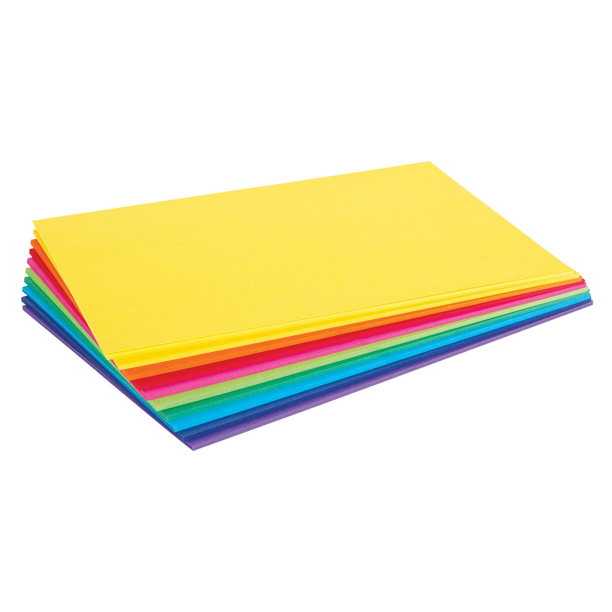Stack of vibrant coloured cardboard sheets fanned out to display the full rainbow spectrum, from bright yellow on top through warm oranges, pinks, and reds, transitioning to cool greens, blues, and purples at the base. The 220gsm cardboard appears smooth and sturdy, suitable for various art and craft projects.