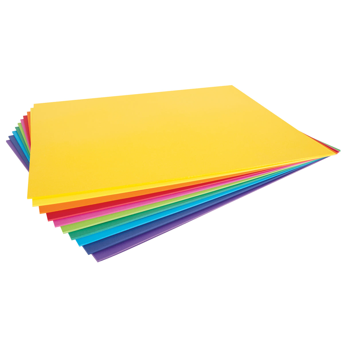 Stack of rainbow-coloured cardboard sheets fanned out to display the full colour range, with bright yellow on top. The pack includes vibrant shades progressing through orange, red, pink, green, teal, blue, and purple. The 220gsm cardboard provides a sturdy surface for various art and craft projects.