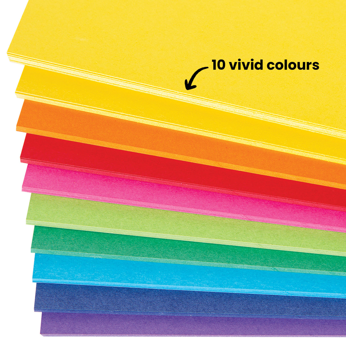 Ten sheets of coloured cardboard fanned out diagonally, displaying a vibrant rainbow spectrum from pale yellow at the top through golden yellow, orange, red, hot pink, lime green, turquoise, sky blue, navy blue, to purple at the bottom. Text annotation reads "10 vivid colours" pointing to the array of sheets.