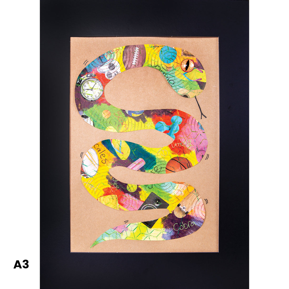 Vibrant mixed media artwork featuring a serpentine S-shape on kraft-coloured paper, decorated with colourful collage elements including clocks, footballs, eyes, and sporting imagery. Handwritten text "Time" and "Colours" visible within the design. Black mat board framing with A3 size indicator shown.