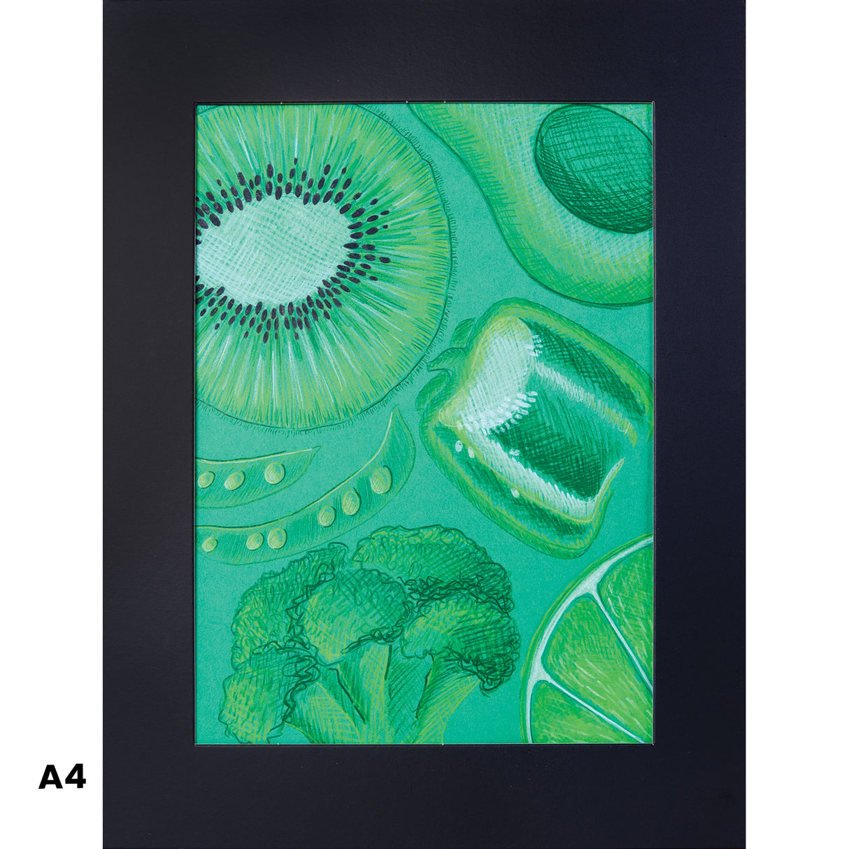 Vibrant artwork displayed in a black pre-cut mount showing abstract green botanical designs including a kiwi fruit slice with radiating seeds, textured leaves, and curved organic shapes. The composition features various shades of green, yellow, and turquoise with detailed crosshatching and line work. A4 size reference shown in corner.