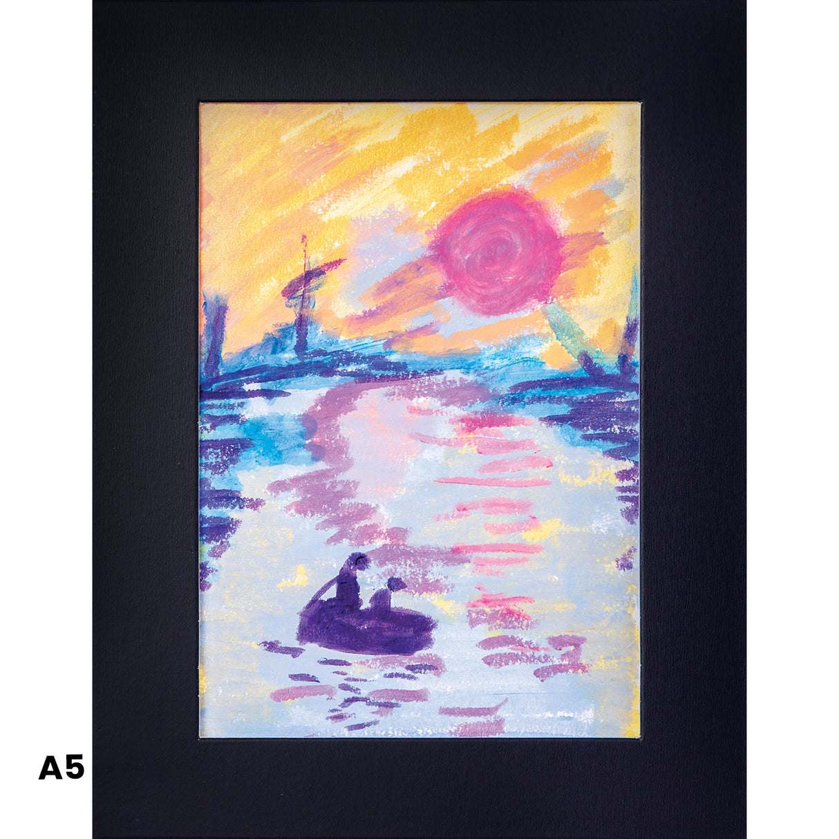 Vibrant impressionistic artwork displayed in a black pre-cut mount showing a sunset harbour scene with boats, featuring bold strokes of yellow, pink, purple and blue pastels. A silhouetted boat sits on reflective water beneath a magenta sun and dramatic sky. The A5 size indicator appears in the bottom left corner.