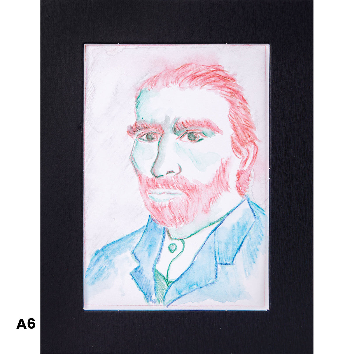 A child's portrait drawing displayed in a white pre-cut mount with black backing, featuring a bearded figure with red hair and blue clothing rendered in coloured pencil or crayon. The A6 size reference appears in the bottom left corner, showcasing how the mount frames and presents student artwork professionally.