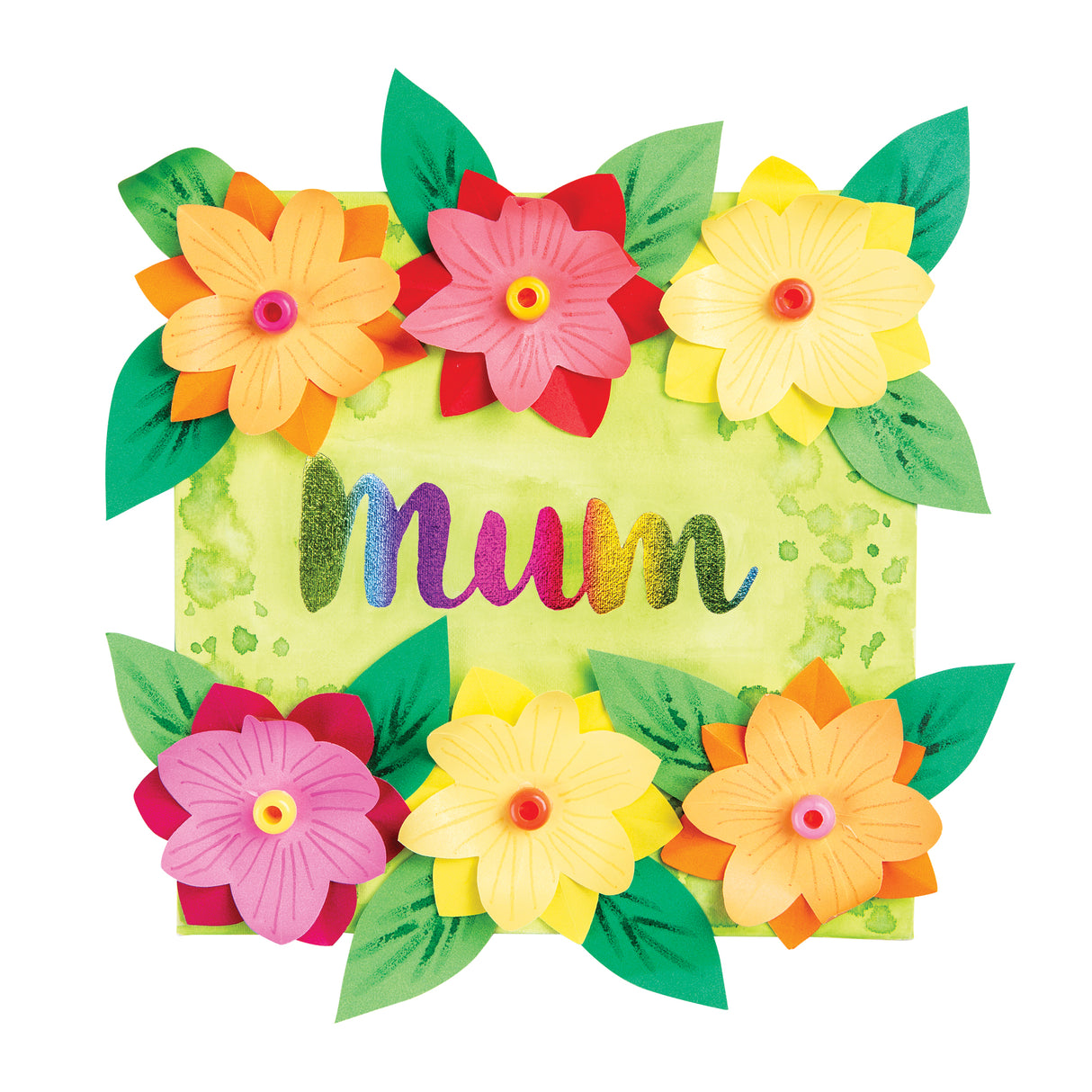 Vibrant handmade Mother's Day card featuring a yellow-green watercolour background decorated with six layered paper flowers in pink, yellow, and orange with green leaves. The word "mum" is written in rainbow metallic foil lettering across the centre, creating a cheerful greeting card design.