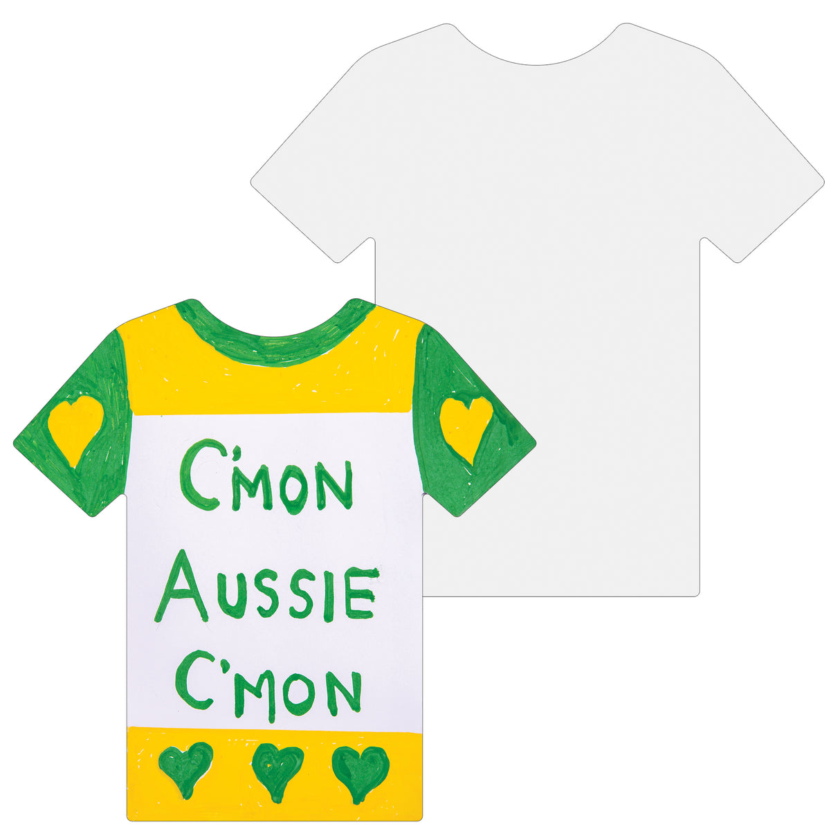 Cardboard T-Shirt Shape displayed with one decorated example featuring green and yellow colour blocking, green heart motifs on sleeves and hem, and hand-lettered text reading C'mon Aussie C'mon in green paint. Plain white template shown behind, demonstrating the blank surface ready for creative decoration and craft projects.