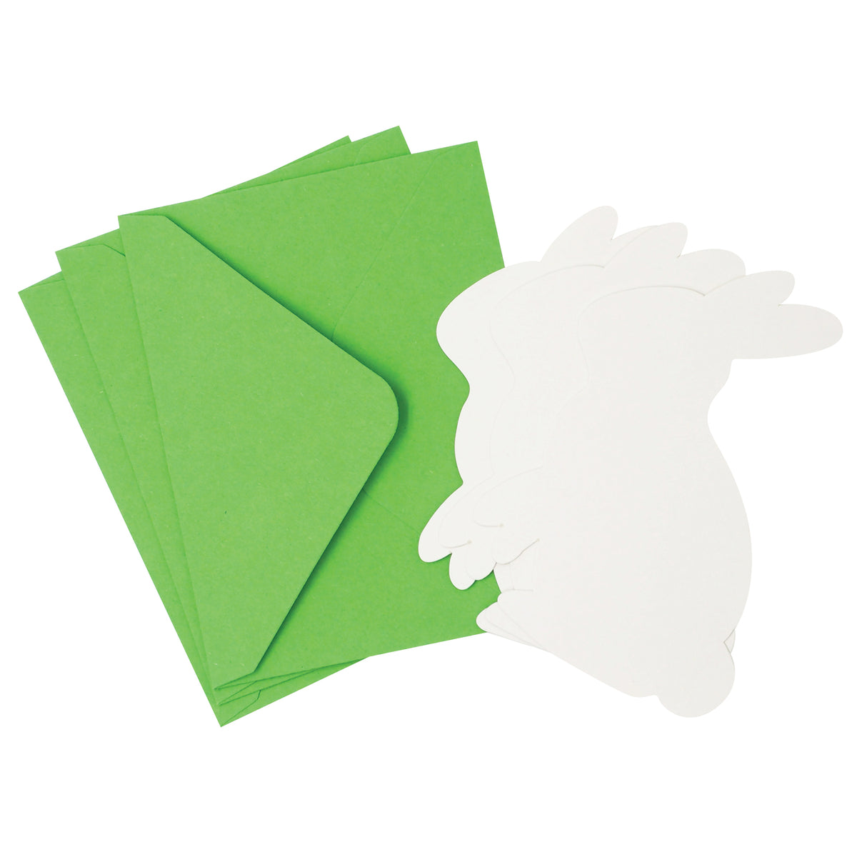 Stack of bright green rectangular cards displayed with a white bunny-shaped card featuring rounded ears, fluffy tail, and paw details. The Easter Bunny Cards come in a pack of five, showing the contrast between the vibrant green backing cards and the white bunny silhouette cutout.