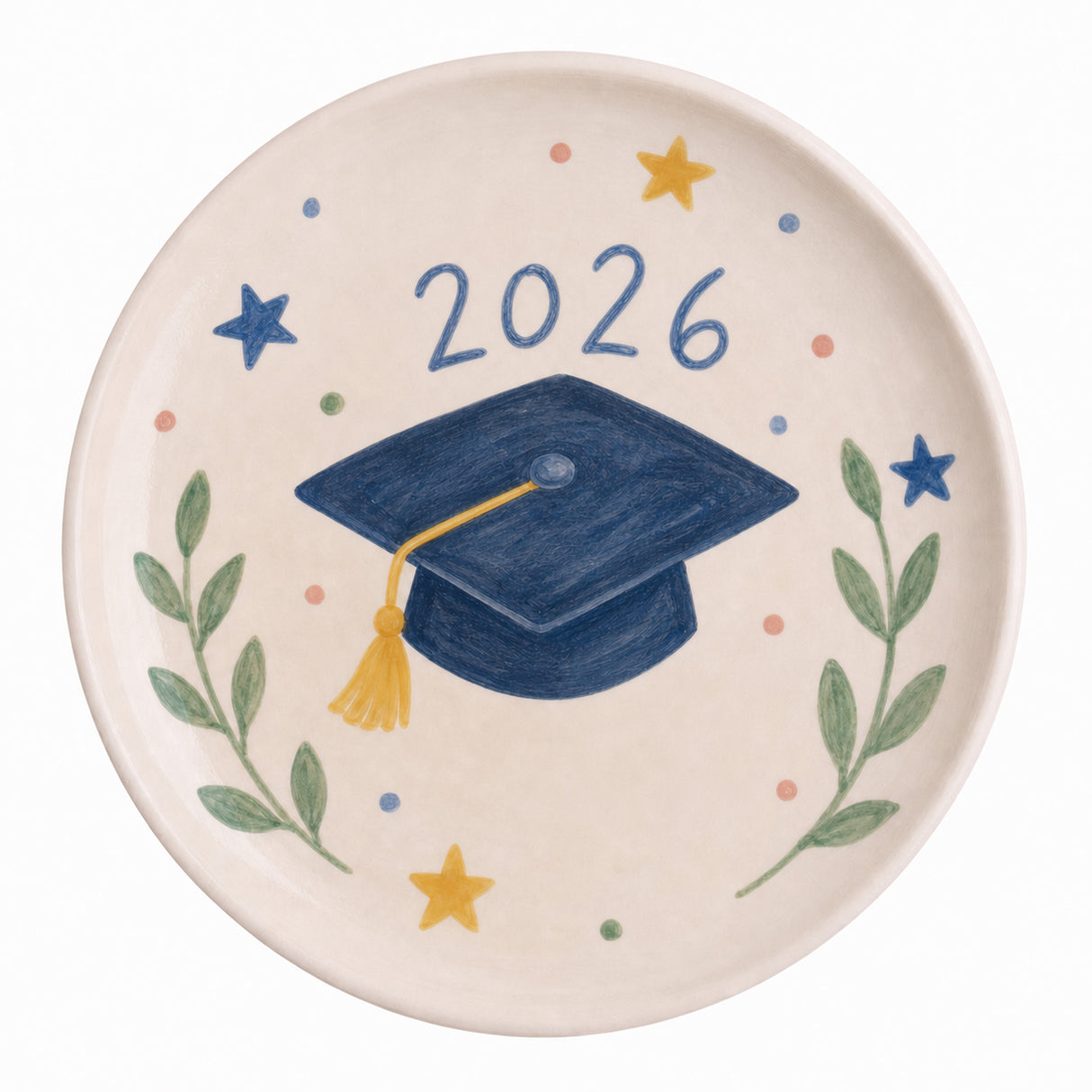 A hand-painted design on a Ceramic Dinner Plate in soft cream, navy, gold, and sage green. A navy graduation cap with gold tassel sits below "2026" in loose lettering, framed by olive branch sprigs, stars, and scattered dots. Demonstrates freehand painting on bisque-fired ceramic.