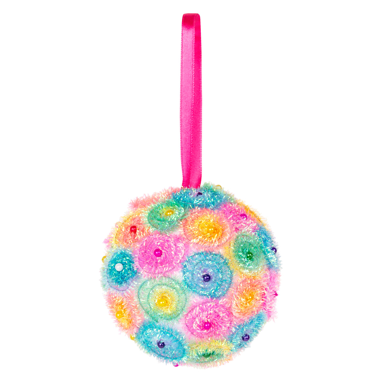 A round ornament made using Zart Tinsel Stems, coiled and fringed in pastel rainbow colours — pink, yellow, blue, green and orange — arranged into overlapping circular rosettes. Small coloured beads sit at the centre of several rosettes. A hot pink ribbon loop hangs from the top.