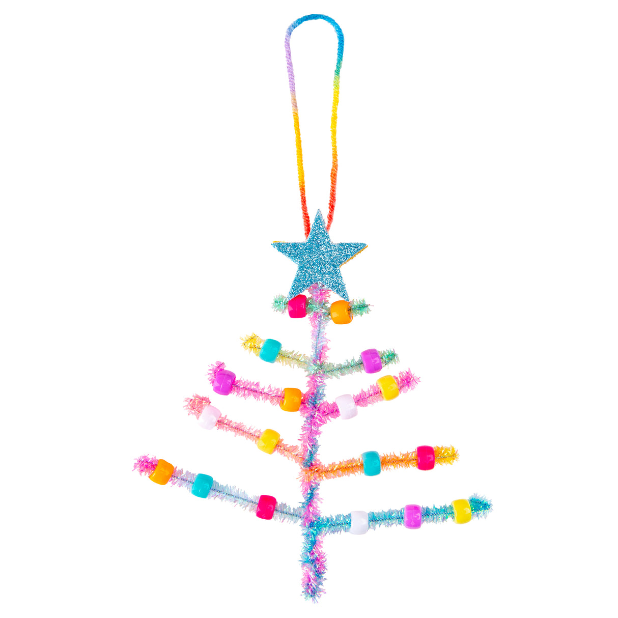 A Christmas tree shape formed using Zart Tinsel Stems in pastel rainbow colours, twisted into a trunk and branching tiers. Multicoloured beads thread along each branch, and a glittery blue star tops the tree. A twisted rainbow cord loop allows it to hang.