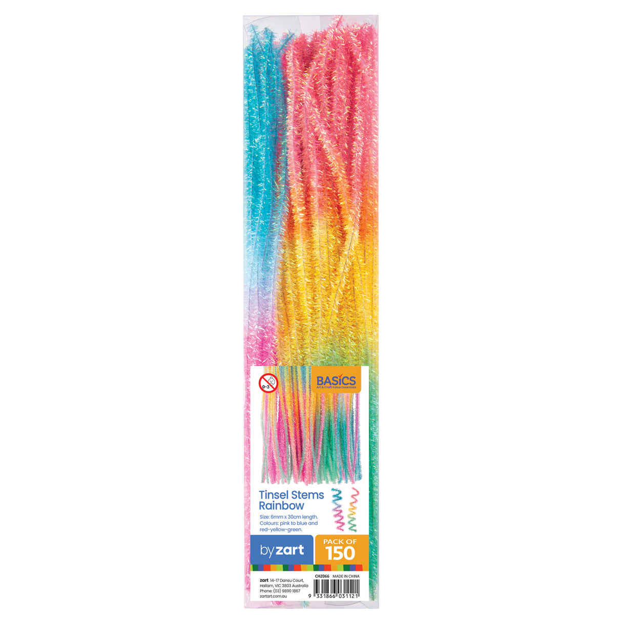Pack of 150 rainbow-coloured tinsel stems in clear plastic packaging displaying vibrant gradient from turquoise and pink at top through red, orange, yellow, to green at bottom. BASICS logo visible. Product labeled Tinsel Stems Rainbow, 6mm x 30cm length. Colours: pink to blue and red-yellow-green.
