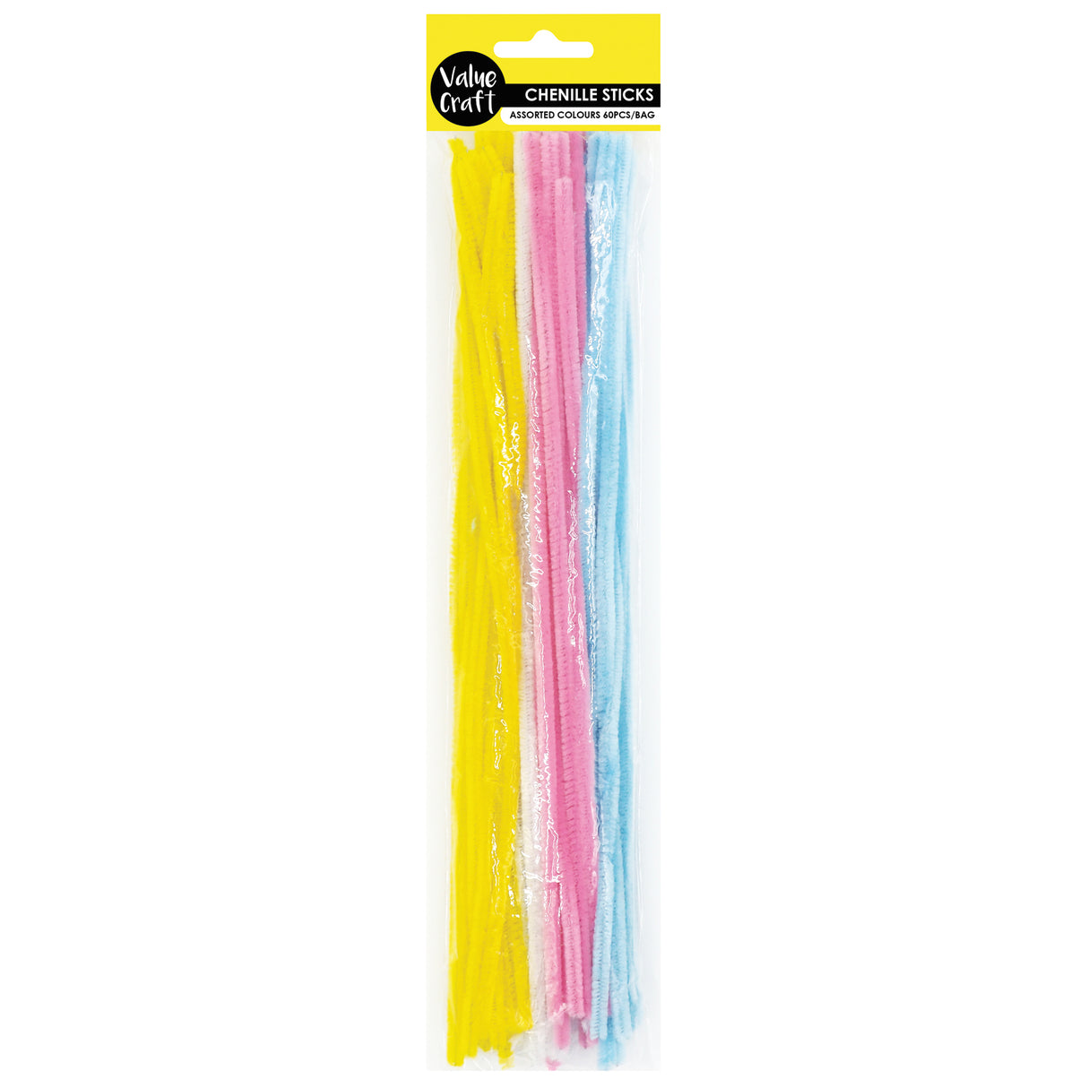 Value Craft Chenille Sticks in assorted pastel colours including bright yellow, pale yellow, pink, pale pink, and light blue. The fuzzy craft stems are packaged in clear plastic with a yellow header card displaying the brand logo and product details.