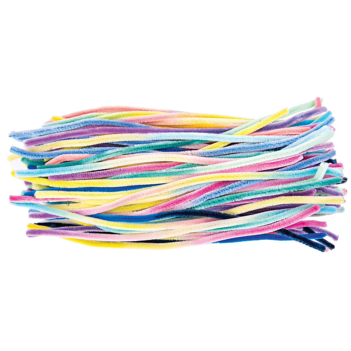 A large bundle of colourful chenille stems in ombre shades arranged in a loose, flowing pile. The flexible craft stems feature vibrant colours including pink, yellow, purple, blue, mint green, cream, and navy, creating a rainbow effect across the 30cm lengths.