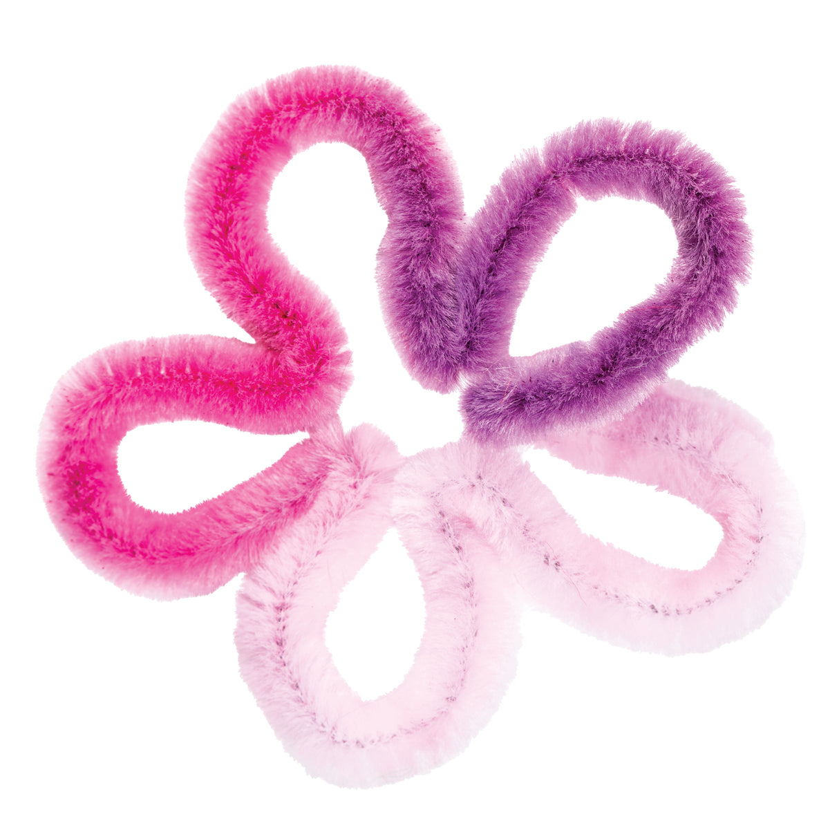 Four fluffy chenille stems in graduated ombre shades of pink and purple, arranged in a flower pattern on white background. The stems show textured, fuzzy fibres ranging from bright fuchsia pink through vibrant purple to soft pastel pink, demonstrating the colour-blending effect of these bendable craft wires.