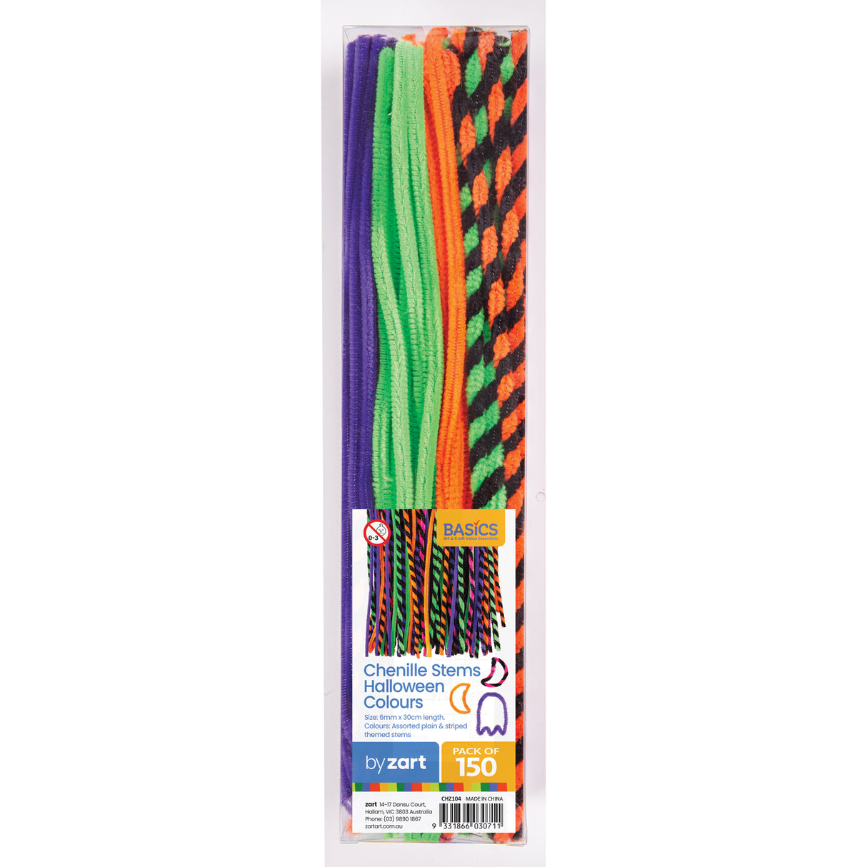 Pack of 150 Zart Basics chenille stems in Halloween colours including purple, lime green, mint green, orange, and black with orange striped pieces. The flexible craft stems are displayed in clear packaging showing their 6mm x 30cm length and assorted plain and striped themed designs.