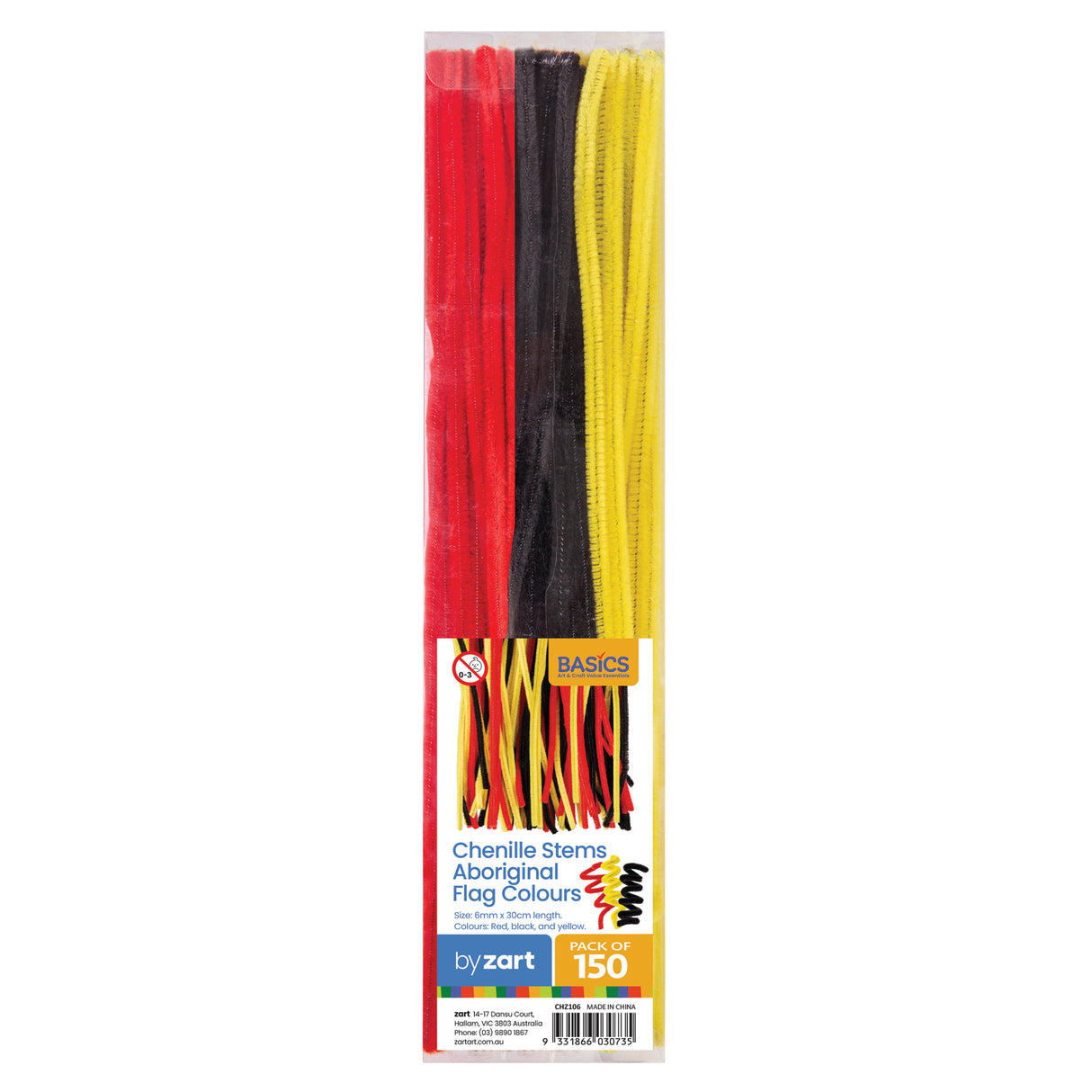 Pack of 150 chenille stems in Aboriginal Flag colours displayed in clear packaging. The flexible craft stems are organised in three distinct sections: red, black, and yellow. The Basics by Zart packaging shows the product dimensions of 6mm x 30cm length and features colourful branding at the bottom.