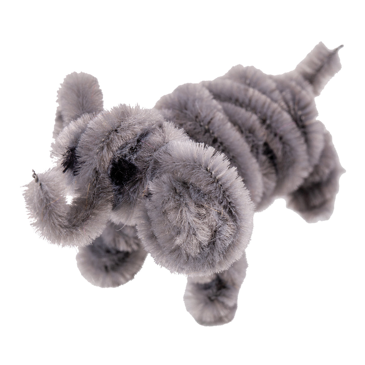 Grey chenille stem craft shaped into a small dog figure with fuzzy textured body, legs, tail, and rounded head with ears. The pipe cleaner sculpture demonstrates the flexible, sculptural properties of Chenille Stems Animal Tones, shown against a white background.