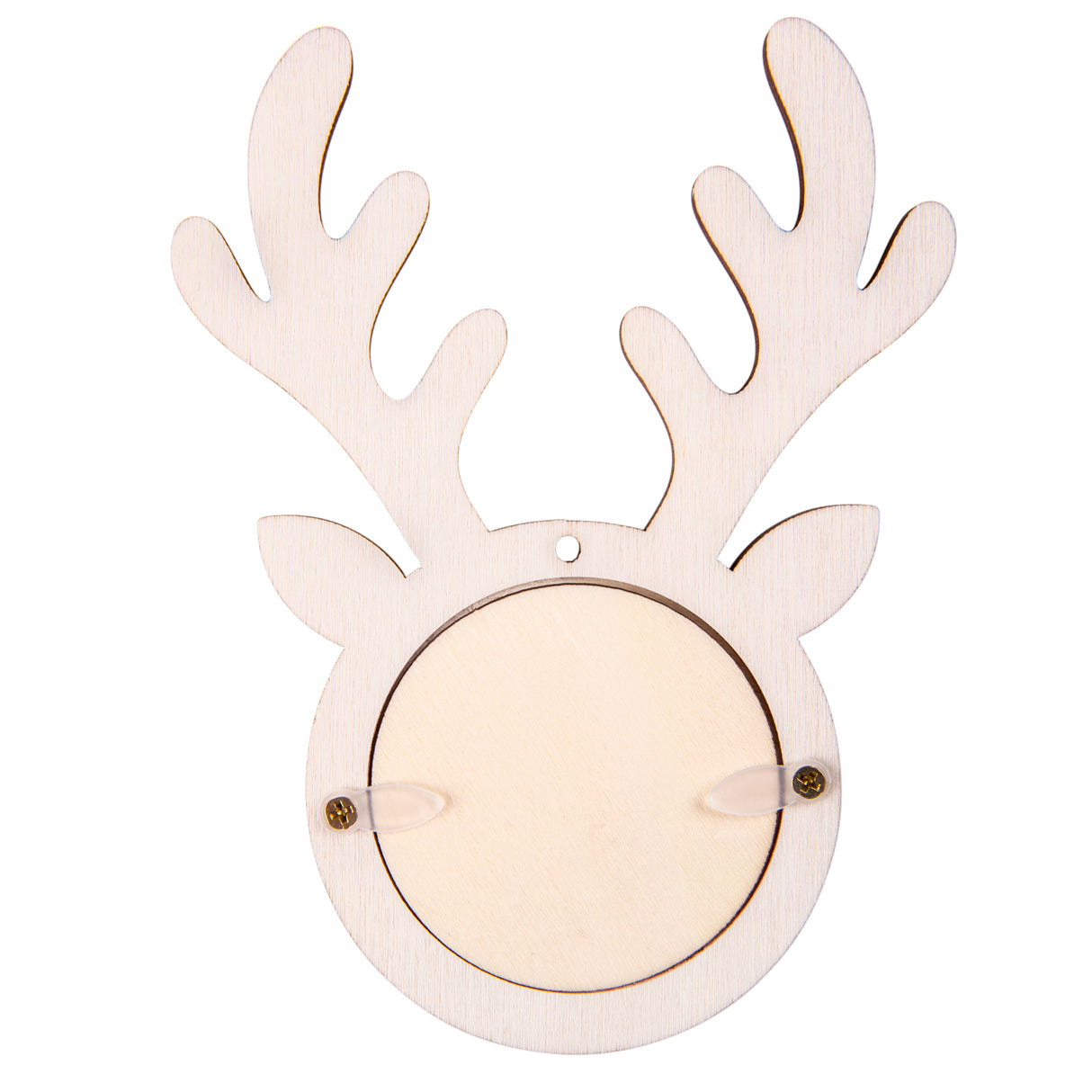 Flat lay of a wooden reindeer-shaped frame crafted from light natural plywood. The decorative piece features branching antlers, pointed ears, and a circular cutout in the centre secured with two small brass screws, ideal for inserting photos or artwork. A small hole at the top allows for hanging.