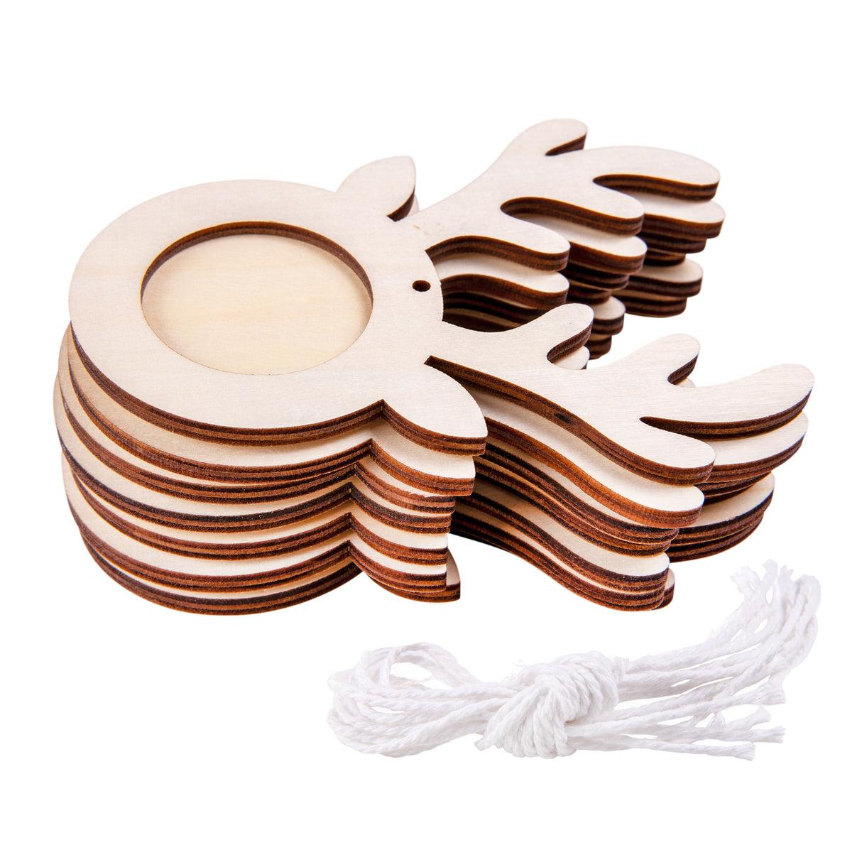 Stack of ten laser-cut wooden reindeer-shaped frames with natural plywood finish, showing layered depth and dark-edged detail. Each piece features a circular aperture in the body, wing-like antlers, and a small eye detail. White hanging cord included below the frames for display purposes.
