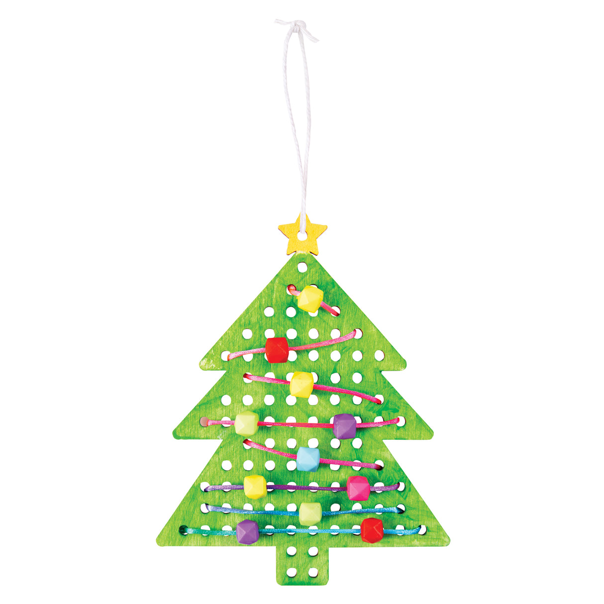 Green wooden Christmas tree decoration with pre-drilled holes threaded with colourful yarn in zigzag patterns. Features bright pom-poms in yellow, red, purple, pink, and blue attached along the threading. Yellow star topper and white hanging cord. Textured wood grain finish visible throughout.