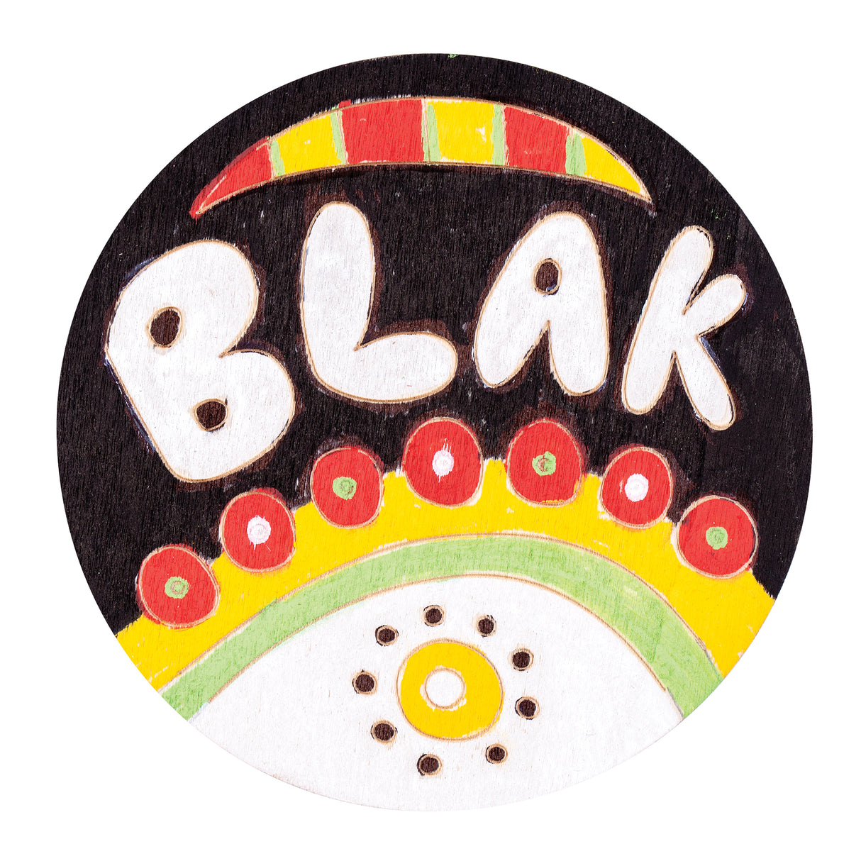 Circular wooden coaster featuring Indigenous-inspired artwork with bold white text reading BLAK on a black background, decorated with curved bands of red, yellow, and light green, adorned with circular dot patterns in red, white, and green creating a vibrant, contemporary Aboriginal design aesthetic.