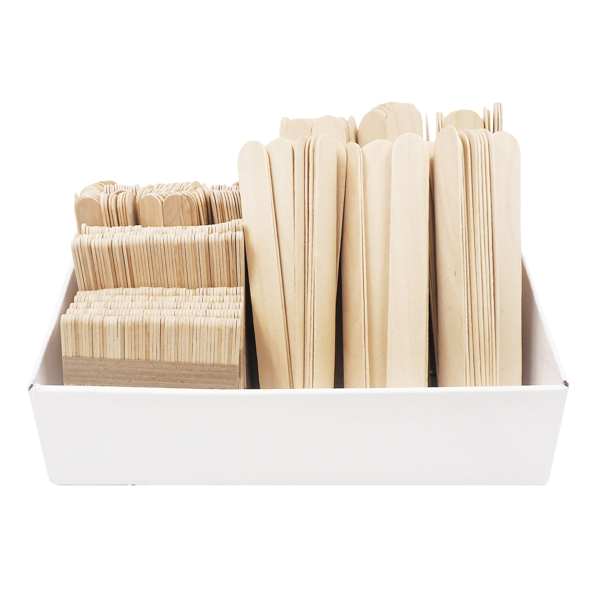 White cardboard display box filled with 600 natural wooden popsticks in assorted sizes, organised in sections showing various widths and shapes including standard craft sticks, paddle pop style sticks, rounded ends, and notched pieces, all in unfinished light timber suitable for creative projects and construction activities.