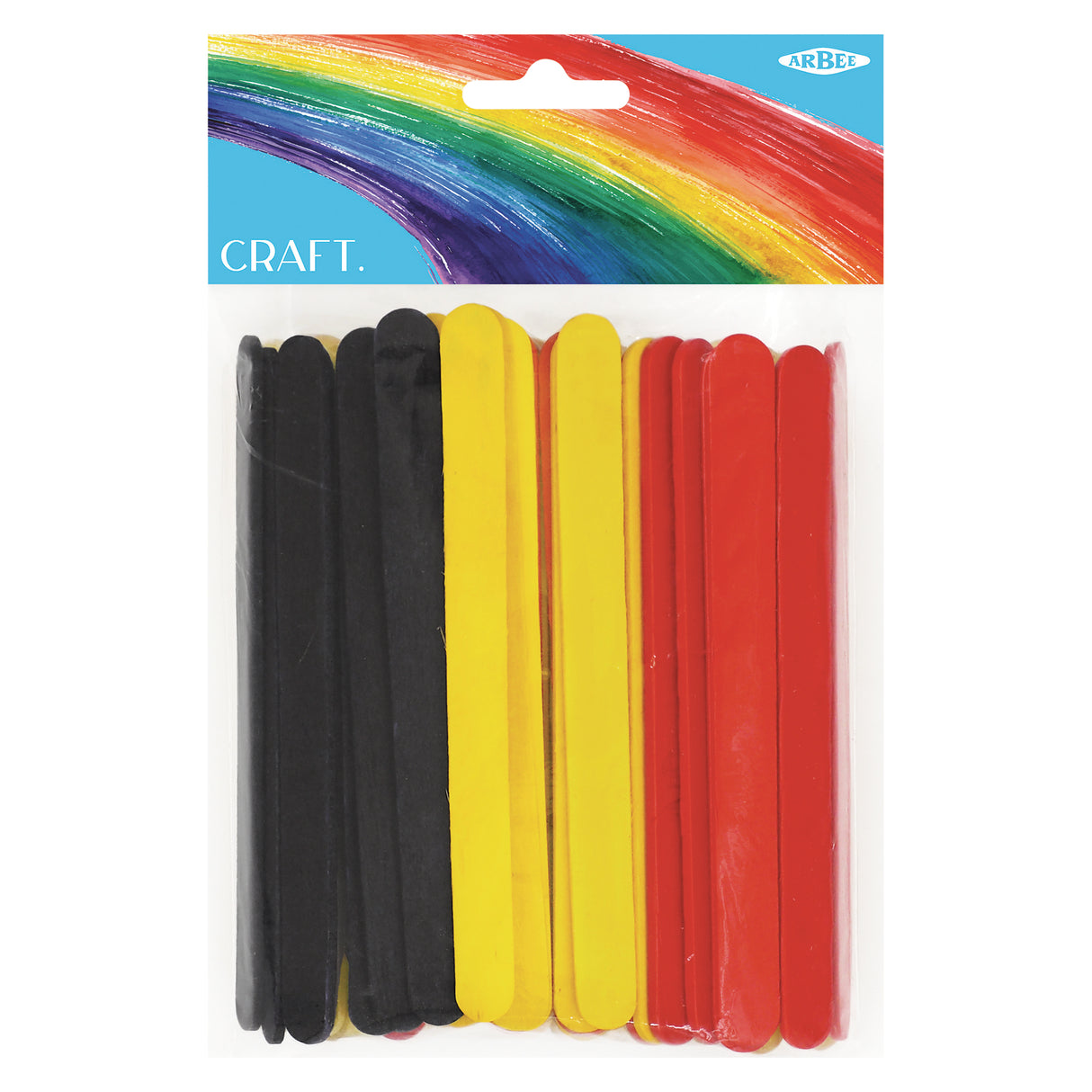 Pack of one hundred wooden craft popsticks in Aboriginal flag colours, featuring black, yellow, and red sticks arranged in groups. ARBee CRAFT packaging displays a vibrant rainbow design at the top. The smooth, flat popsticks are ideal for Indigenous cultural craft projects and educational activities.