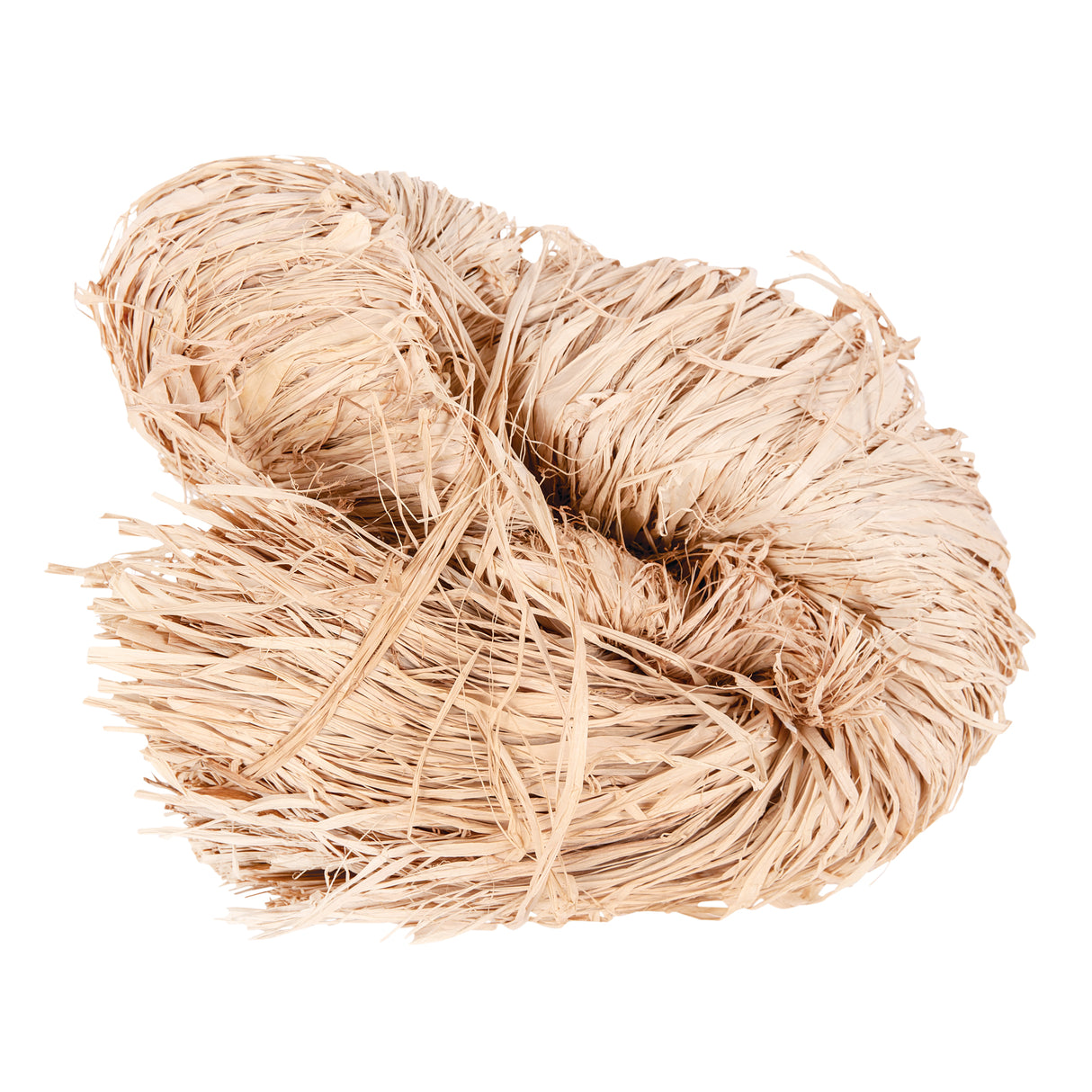 Bundle of natural raffia fibres in pale beige tones, displaying long, thin strands with slightly twisted texture. The fibres are loosely gathered together, showing their flexible, ribbon-like quality ideal for weaving, wrapping, and craft projects requiring natural materials.