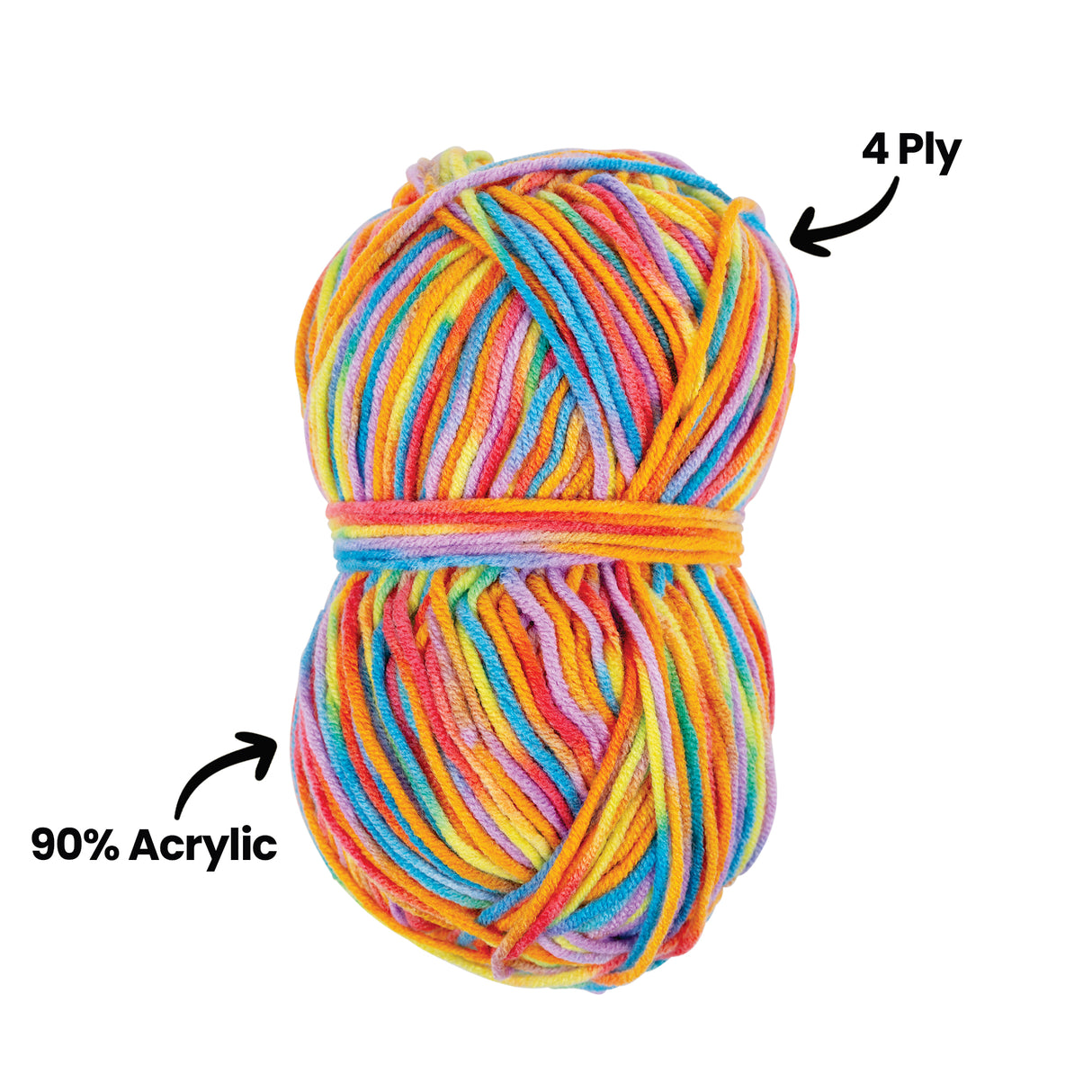 Ball of multicoloured 4 Ply acrylic wool yarn wrapped neatly, showing intertwined strands of bright rainbow colours including yellow, pink, blue and green. The soft, slightly fuzzy texture is visible. Annotation text reads “4 Ply” and “90% Acrylic”.