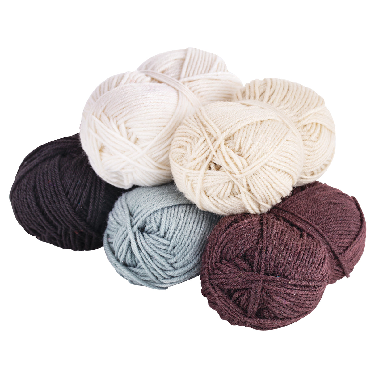 Collection of neutral-toned 4 Ply acrylic wool yarn balls including black, grey, cream and brown. The yarn is tightly wound into compact balls, showing smooth, even strands with a soft, slightly fuzzy surface texture.