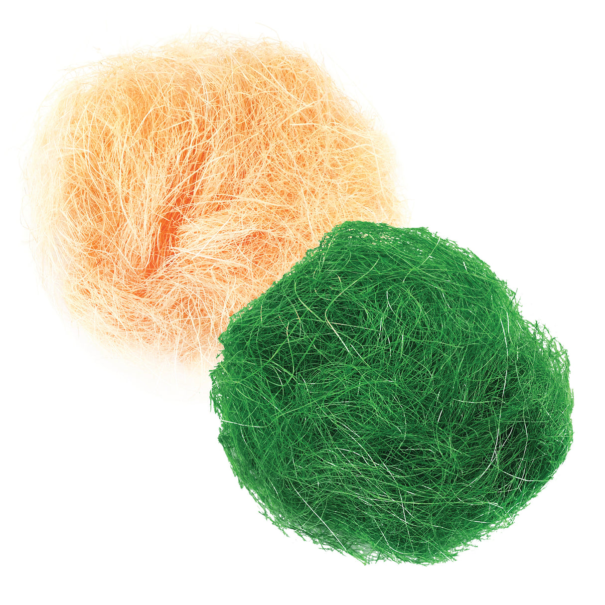 Two bundles of decorative fibre grass displayed on a white background, showing fluffy, wispy strands in contrasting colours. The upper bundle features peachy orange tones graduating to pale yellow, while the lower bundle is vibrant emerald green. Both bundles have a loose, nest-like appearance with fine, tangled fibres creating texture ideal for craft projects and mixed media artwork.