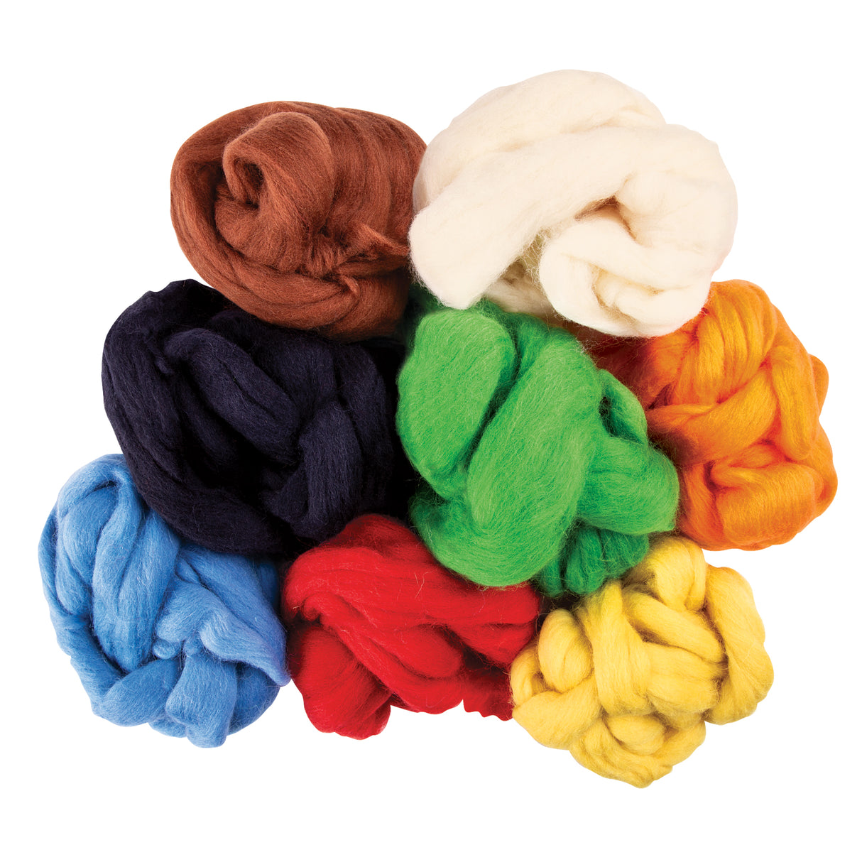 Eight bundles of soft, combed wool tops arranged in a cluster, displaying a vibrant colour range including rust brown, cream, navy, bright green, blue, red, orange, and yellow. Each bundle shows the characteristic rope-like twisted texture of combed wool roving, ideal for felting and fibre art projects.