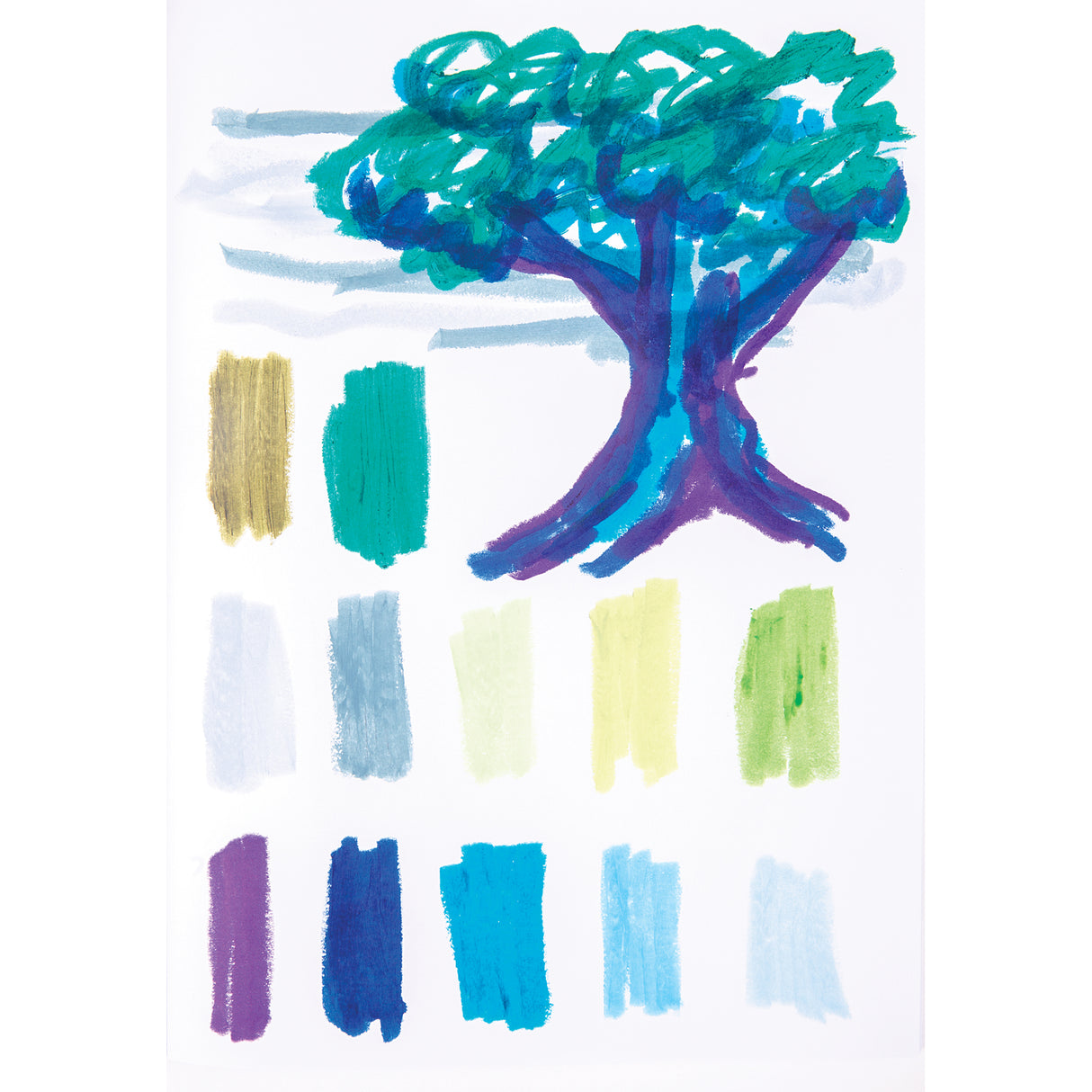 Colour study and tree illustration created using Cool Ocean Slicks, showing swatches of all twelve colours beneath a loosely painted tree in blues, teals, greens, and purples.