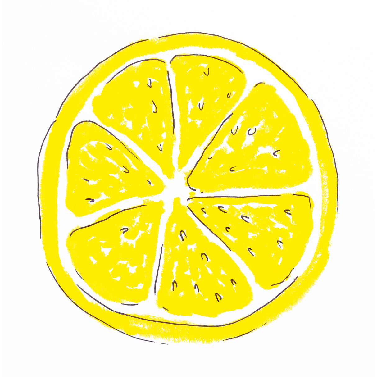 Bright yellow lemon slice artwork created with Slicks by Zart, showing a cross-section view with six segments radiating from the centre. The illustration features bold yellow colouring with white highlights and black outlines, displaying visible brush texture and seed details within each citrus segment.