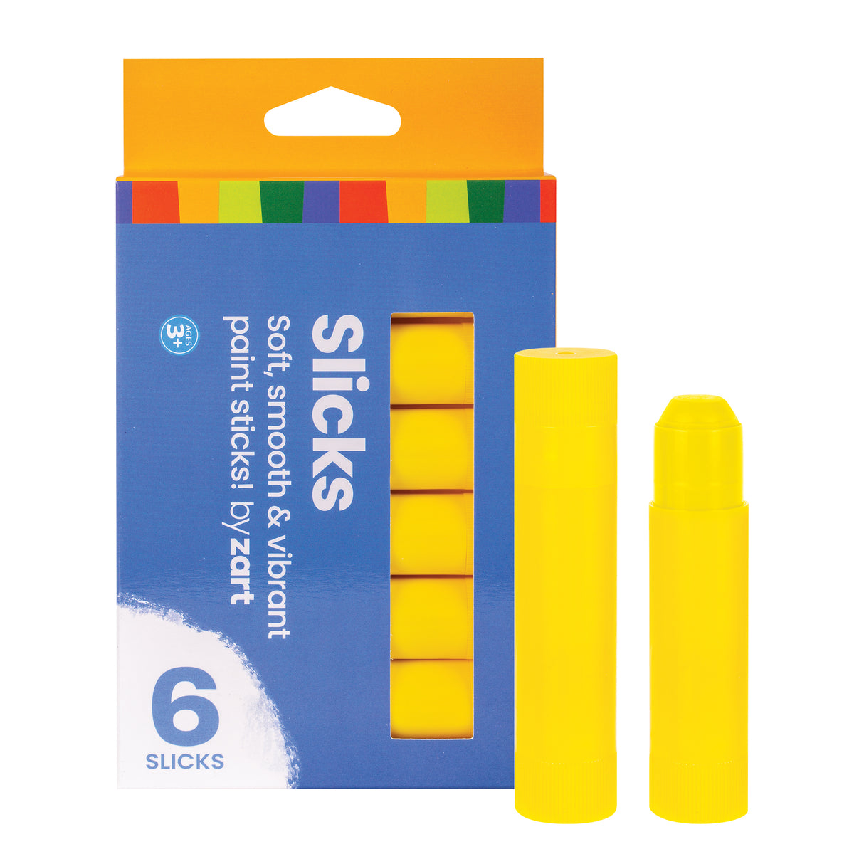 Blue cardboard packaging with rainbow coloured squares along the top and an orange hanging tab. Two bright yellow Slicks paint sticks are positioned in front of the box. The packaging displays "Slicks" prominently in white text, along with "Soft smooth & vibrant paint sticks! by zart" and "6 SLICKS" at the bottom.