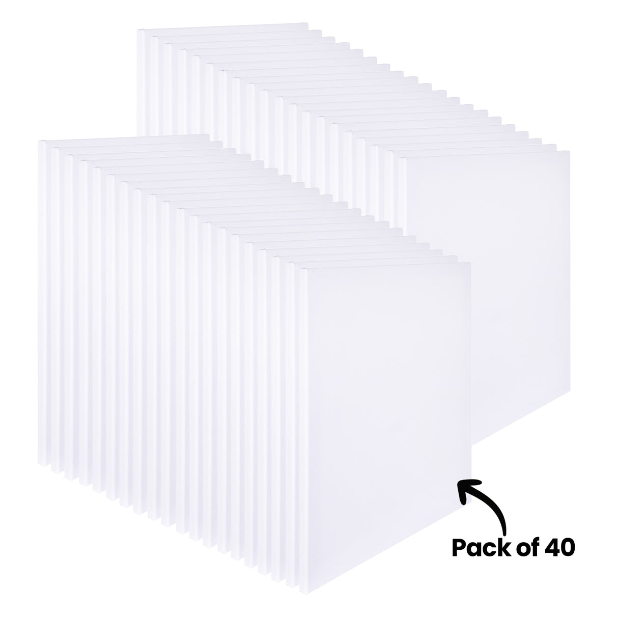 Many blank Zart stretched canvases lined up in two long rows, annotated "Pack of 40". Each thin white canvas leans against the next, showing the bulk quantity in the pack. The uniform primed surfaces and slim profiles are seen against a plain white background.