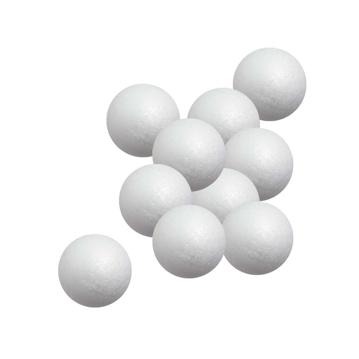A group of ten Zart Poly Deco Foam balls clustered together against a white background. Each smooth white sphere shows the lightly dimpled, beaded foam texture across its surface, with a faint seam line running around the middle of each ball.
