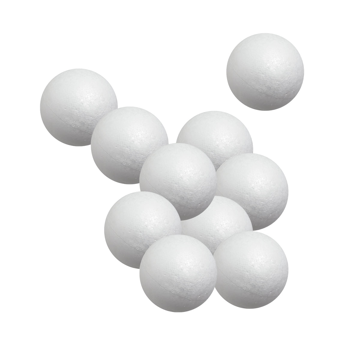 Ten Zart Poly Deco Foam balls arranged in a loose cluster against a white background. Each smooth white sphere shows the lightly dimpled, beaded foam texture across its surface, with a faint moulding seam running around the middle of each ball.